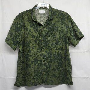 Old Navy Mens Shirt Linen Blend Button Up XL Floral Short Sleeve Olive Green